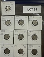 10 - Mercury dimes ranging from 1920 to1945