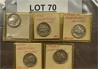 5 - Mercury dimes ranging 1933 to 1938