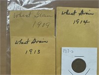 4 - Wheat grain pennies ranging from 1909 to 1917