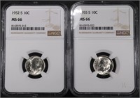 1952-S & 1955-S ROOSEVELT DIMES NGC MS66