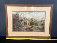 Antique Matted Water Color In Oak Frame