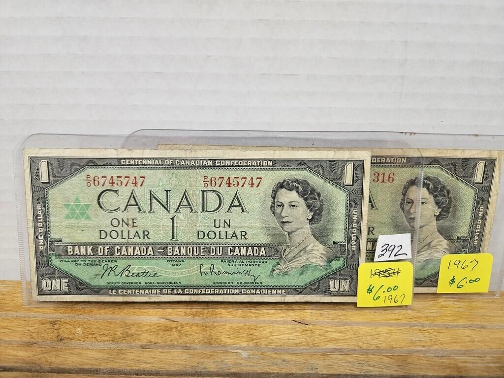 2 1867-1967 CENTENNIAL BILLS WITH SERIAL NUMBERS