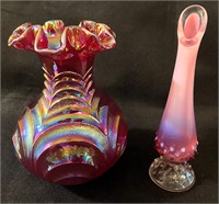 Iridescent Glass Vase 8.5"H and Hobnail Vase