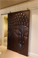 Indonesian Barn Style Carved Wood Door on S/S Rail