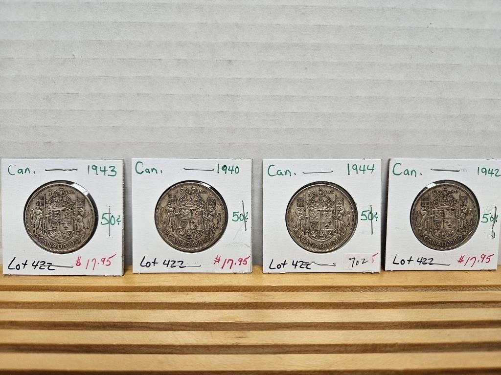 4 50 CENT COINS 1940,1942,1943,1944