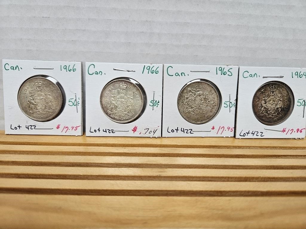 4 50 CENT COINS 1964,1965,1966,1966