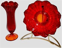 Ruby Red Glass Tulip Vase and Saucer
