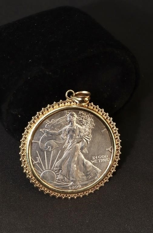 1 oz. Silver Coin with 14 Ct. Gold Bezel