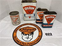 Oilzum Metal Sign, 4 Oilzum Cans,