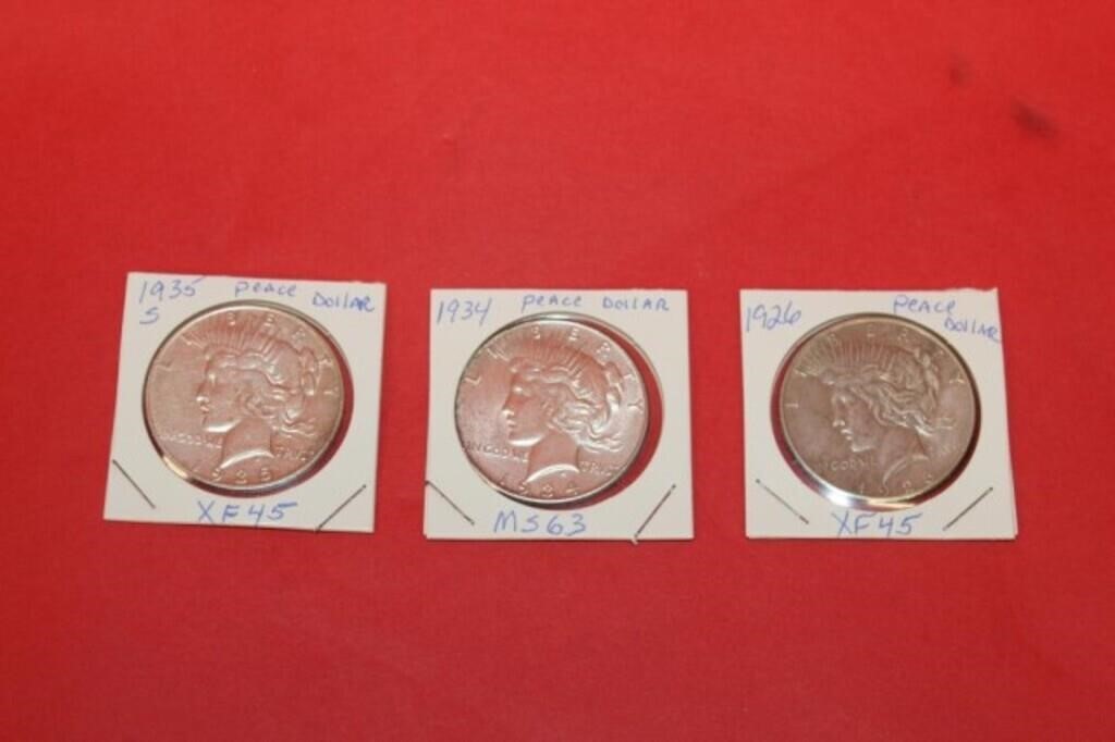 3 U.S Peace Silver Dollars: 1926 XF45, 1934 MS63,