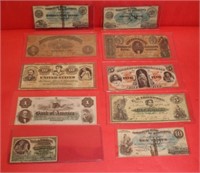 10 obsolete bank notes and confederate currency