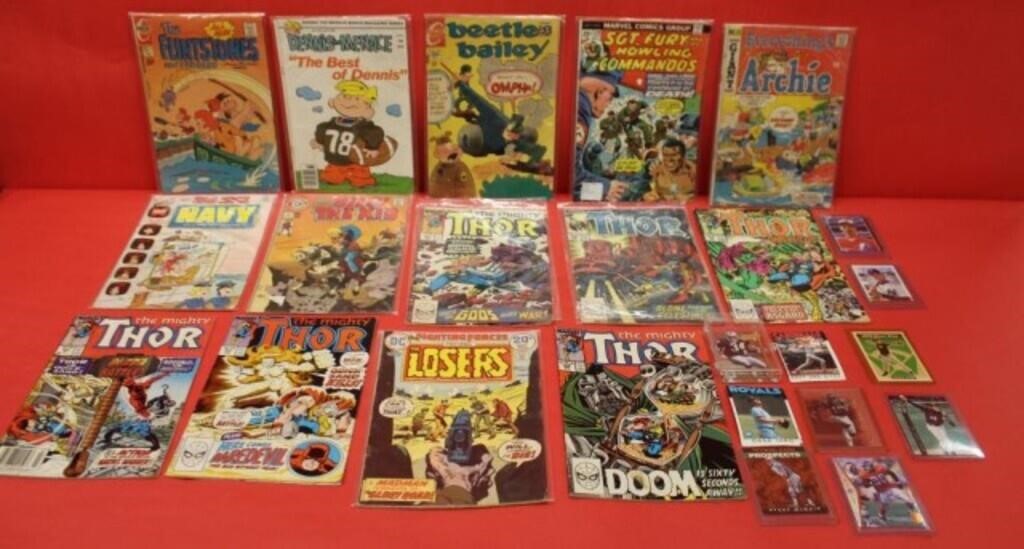 13 old comic books and 10 Sports cards