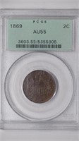1869 Two Cent PCGS AU55 Old Green Label