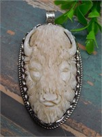 CARVED BONE BISON PENDANT ROCK STONE LAPIDARY SPEC