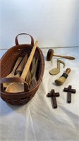 Woven Basket of Wooden & Brass Items