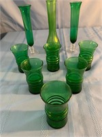 Green Glass Vases & Juice Glasses