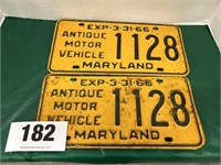 Pair 1966 Antique Motor Vehicle Car Tags