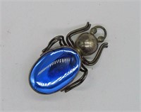 Blue Glass Beetle Pin Sterling