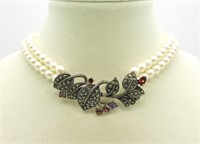 Vintage 925 Pearl & Marcasite Necklace