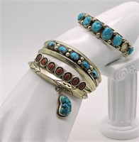 Vintage Sterling Natural Stone Cuff Bracelets