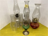 3 Glass Oil Lamps, 3 Chimneys, 1 Green Glass Lamp