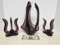 Viking Purple Glass Candle Holders (3)