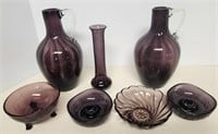 Purple Glass vase, pitchers, bowls