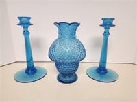 Blue Glass Candlesticks & lamp