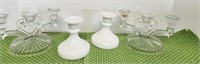 Candle holders, clear & milk glass