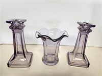 Purple Glass Candlesticks & vase