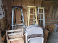 GROUP OF STOOLS AND CHAIRS- 2 WOOD STOOLS, 1 METAL