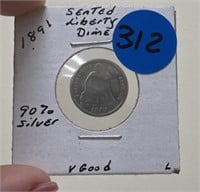 1891 Seated Liberty Dime 90% Silver Very Good