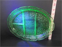 LARGE OLD GREEN URANIUM GLASS DIVIDED DISH