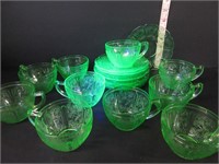 10 OLD GREEN URANIUM GLASS CUPS AND SAUCERS
