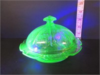 OLD GREEN URANIUM GLASS COVERED BUTTER DISH