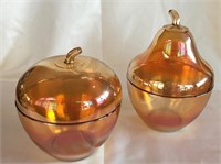 Marigold Carnival Glass Pear/Apple Covered Jars