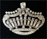 Vintage Rhinestone Crown Brooch w Pendant Loop