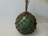 Beautiful Old Green Glass Float in Heavy Rope