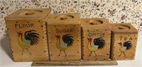 MID CENTURY CANISTER SET-WOODEN/ROOSTER