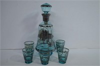 Venetian Glass,Aqua Decanter Set w/ Sterling Trim