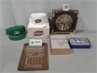 Pioneer Clocks, Hats, Tins, Clipboard