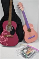 2 Pink Acoustic Guitars, Case, Instruction Books