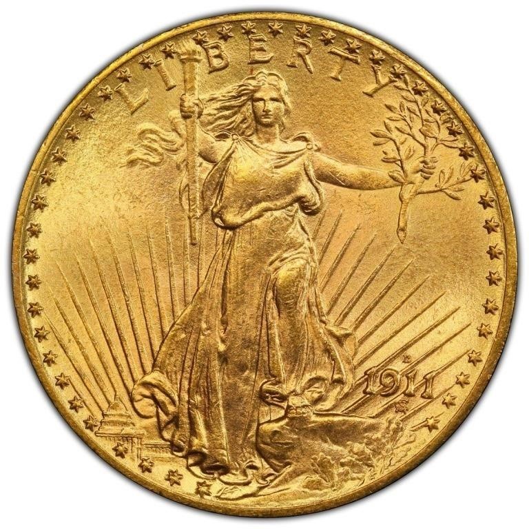 US St Gaudens $20 Gold, 1911-D/D, PCGS MS66