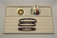 Three Enamel Bangle Bracelets, Peacock Pendant &