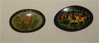 Two Russian Hand Painted Lacquer Brooches