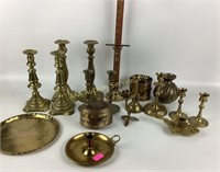 Brass candlesticks, tray, box, crucifix