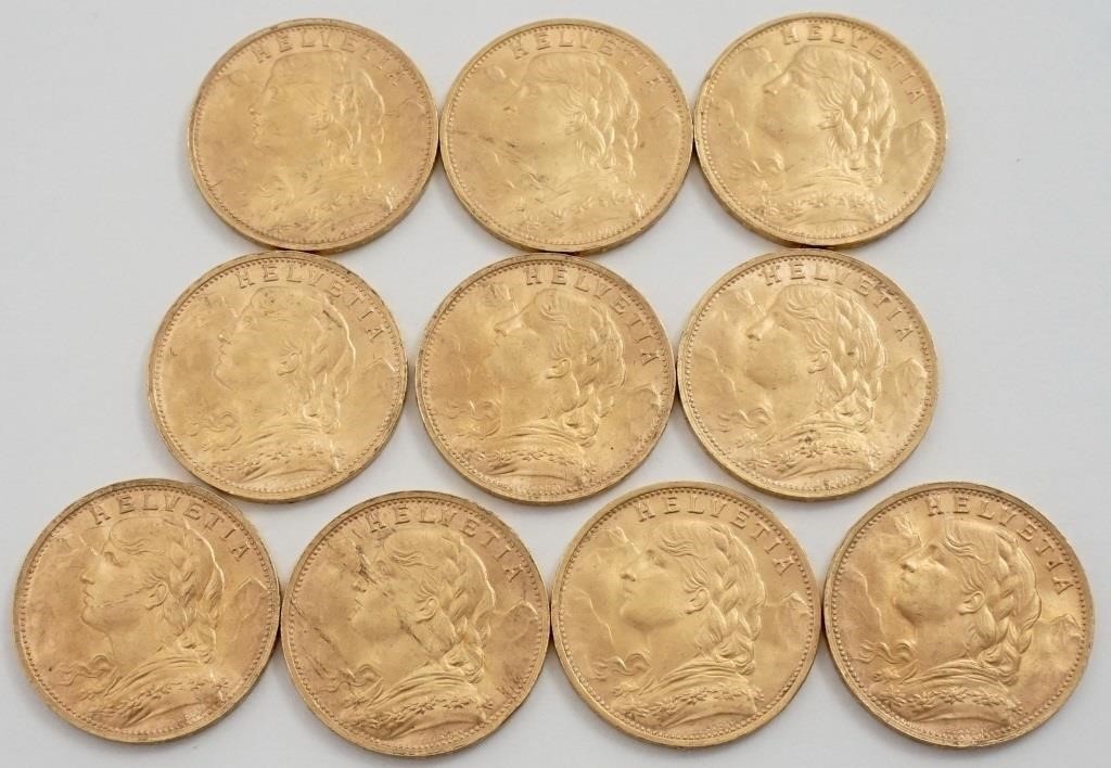 Coin lot (10) Swiss, 20 Francs Gold