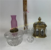 Clear glass oil lamp without shade, brass and