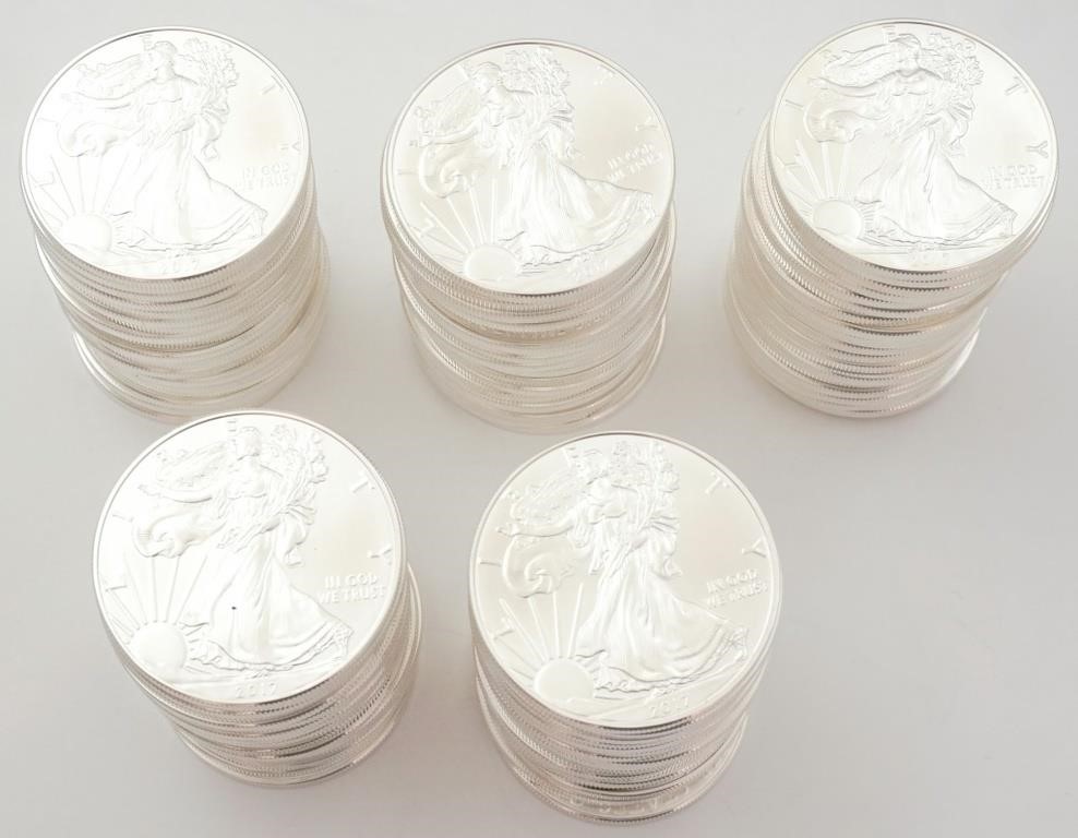 US coin lot (100) Silver Eagles, 2014, BU