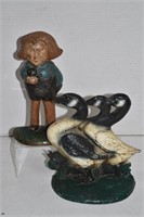 Vtg Cast Iron Girl with Cat and Geese Door Stops